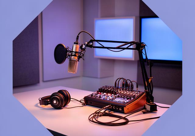 Attrezzatura per produzione podcast in uno studio moderno con microfono e mixer