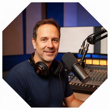 Marco Rossi, tecnico audio in studio davanti a un microfono professionale